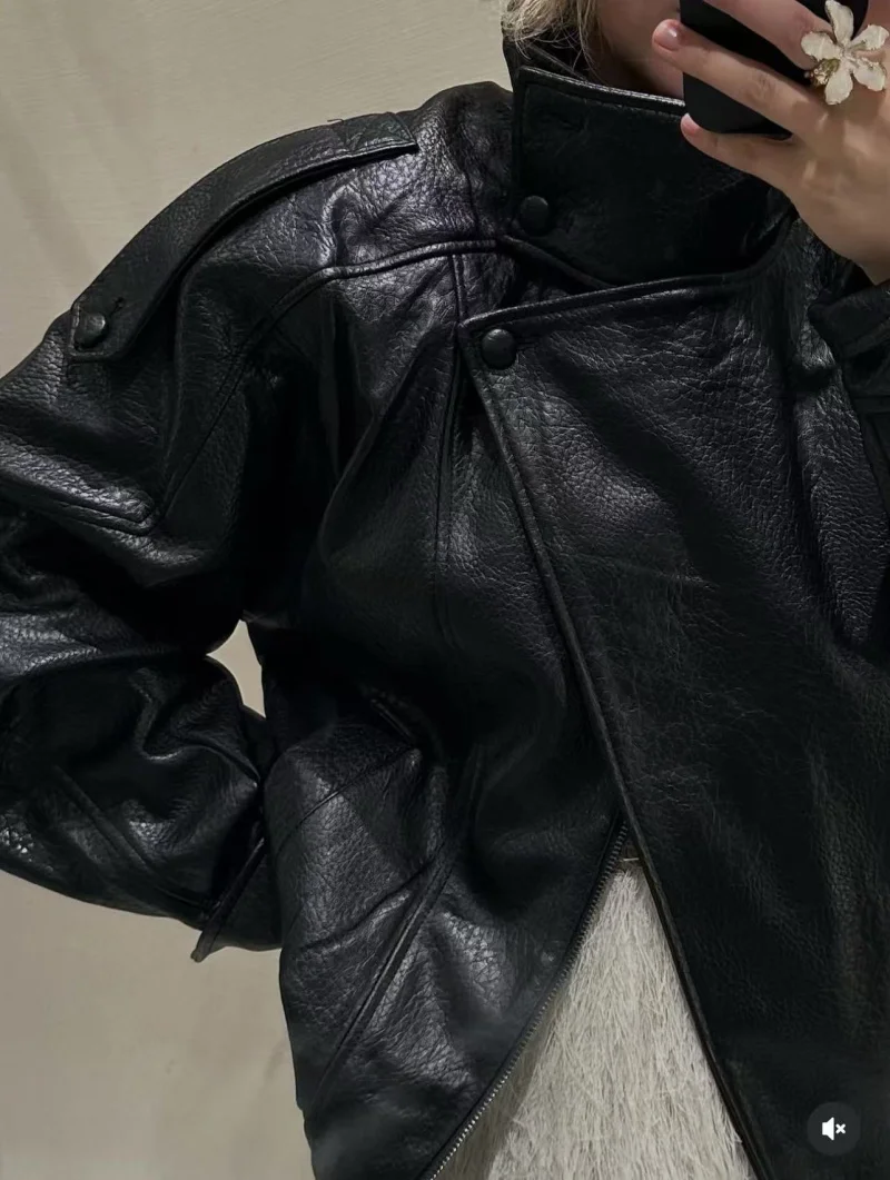 ETJ 2025 New Women's Fashion Loose Version of Standing Collar Imitation Leather Jacket Street Style Cool Handsome Leather Jacket