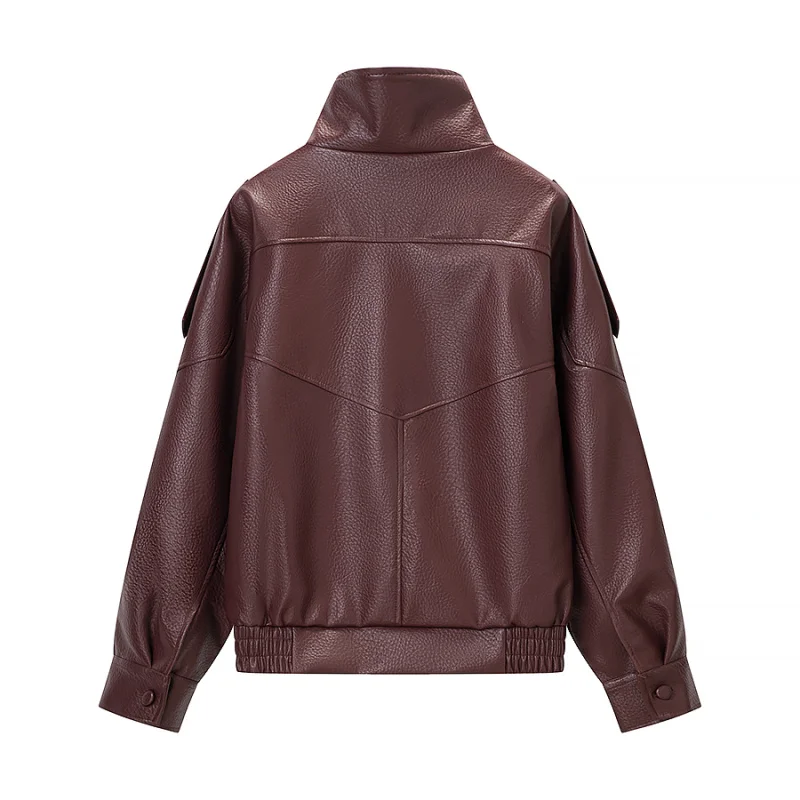 ETJ 2025 New Women's Fashion Loose Version of Standing Collar Imitation Leather Jacket Street Style Cool Handsome Leather Jacket