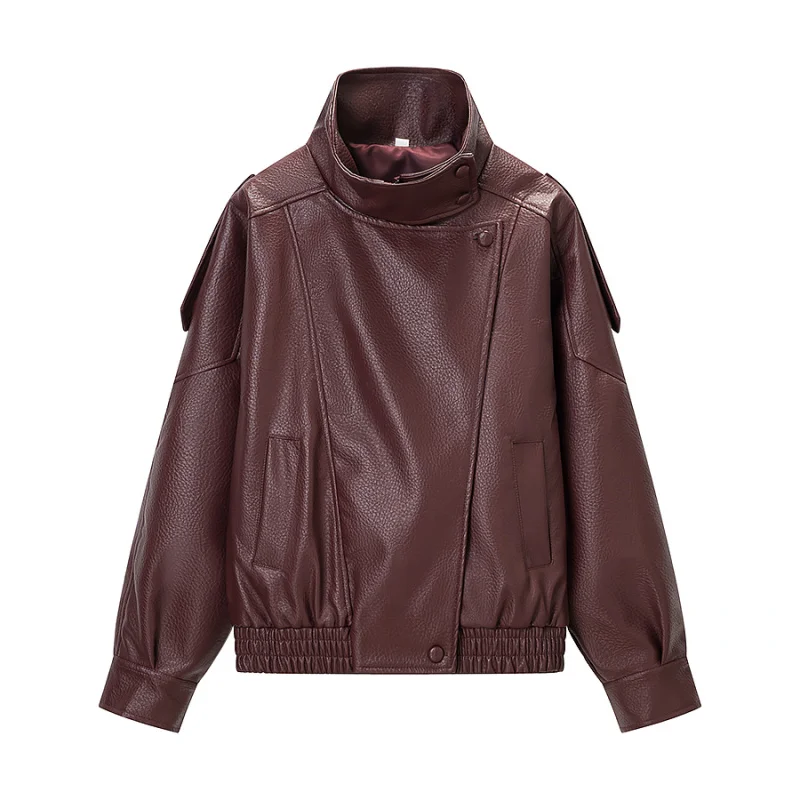 ETJ 2025 New Women's Fashion Loose Version of Standing Collar Imitation Leather Jacket Street Style Cool Handsome Leather Jacket