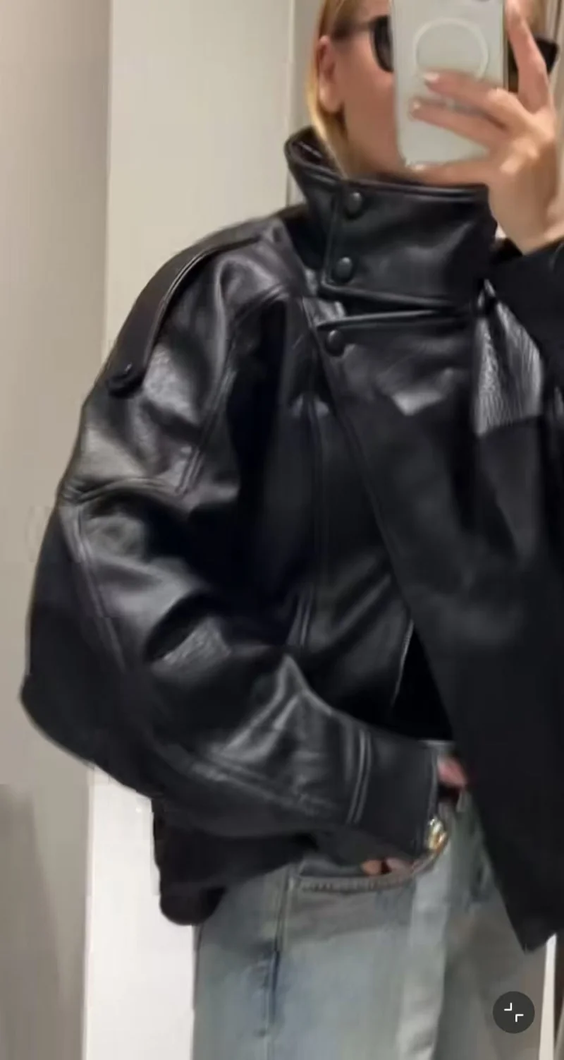ETJ 2025 New Women's Fashion Loose Version of Standing Collar Imitation Leather Jacket Street Style Cool Handsome Leather Jacket