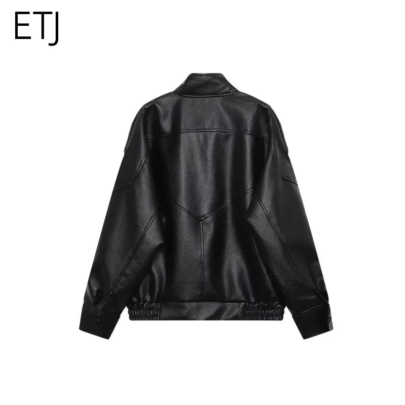 ETJ 2025 New Women's Fashion Loose Version of Standing Collar Imitation Leather Jacket Street Style Cool Handsome Leather Jacket