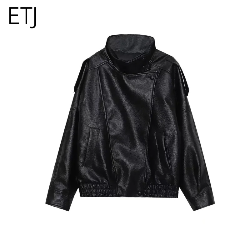 ETJ 2025 New Women's Fashion Loose Version of Standing Collar Imitation Leather Jacket Street Style Cool Handsome Leather Jacket