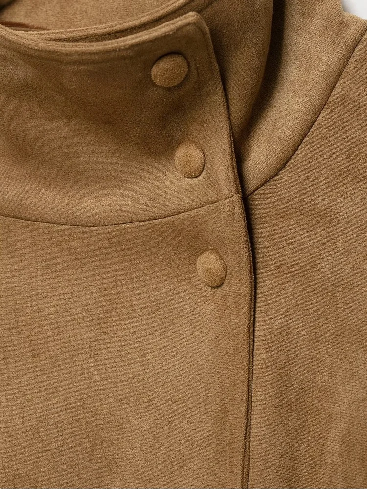 AACHOAE Women Faux Suede Jacket Belted Waist High Stand Collar Button Up Loose Short Coat Vintage Casual Outerwear