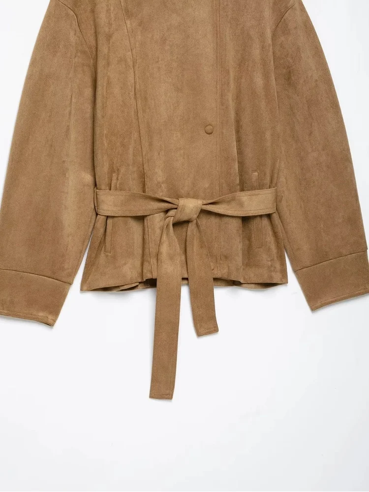 AACHOAE Women Faux Suede Jacket Belted Waist High Stand Collar Button Up Loose Short Coat Vintage Casual Outerwear