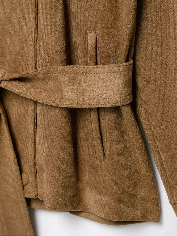 AACHOAE Women Faux Suede Jacket Belted Waist High Stand Collar Button Up Loose Short Coat Vintage Casual Outerwear