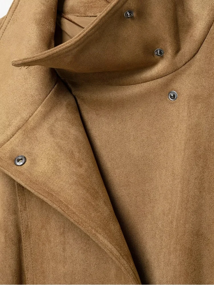 AACHOAE Women Faux Suede Jacket Belted Waist High Stand Collar Button Up Loose Short Coat Vintage Casual Outerwear