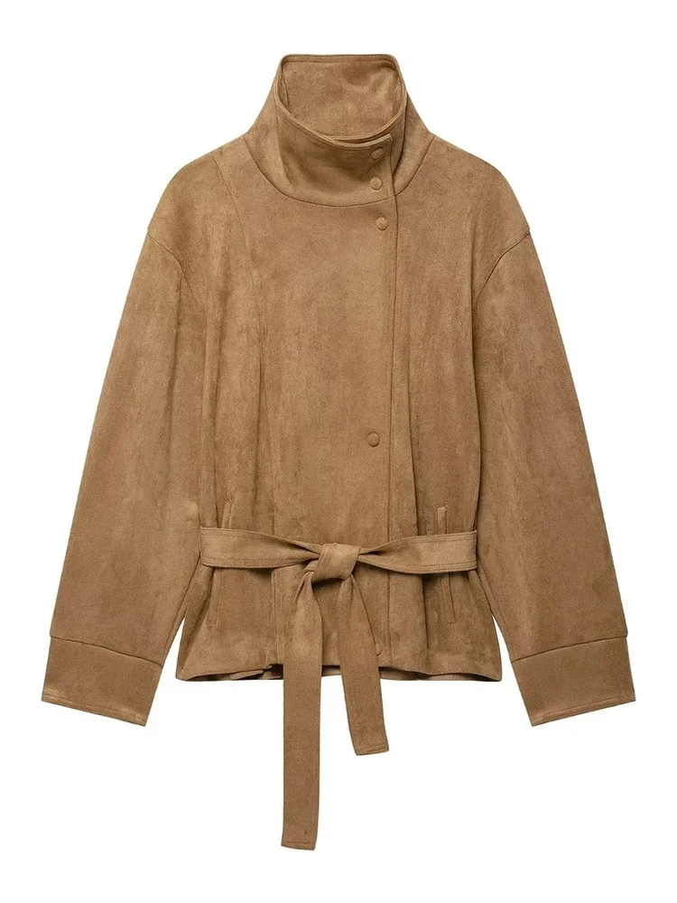 AACHOAE Women Faux Suede Jacket Belted Waist High Stand Collar Button Up Loose Short Coat Vintage Casual Outerwear