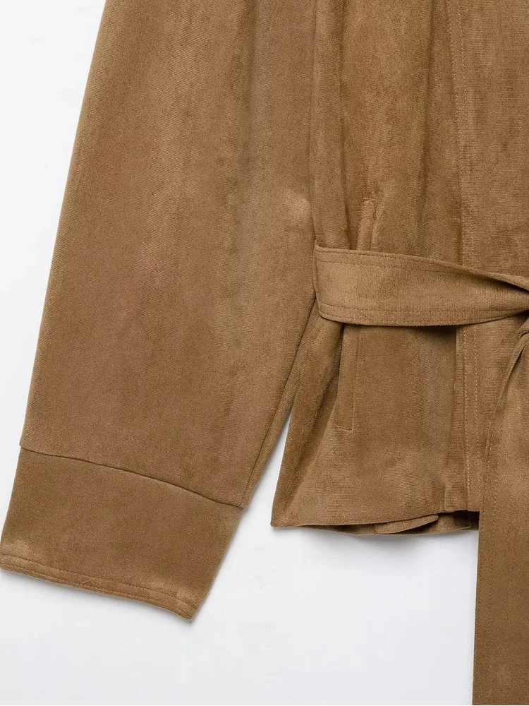 AACHOAE Women Faux Suede Jacket Belted Waist High Stand Collar Button Up Loose Short Coat Vintage Casual Outerwear