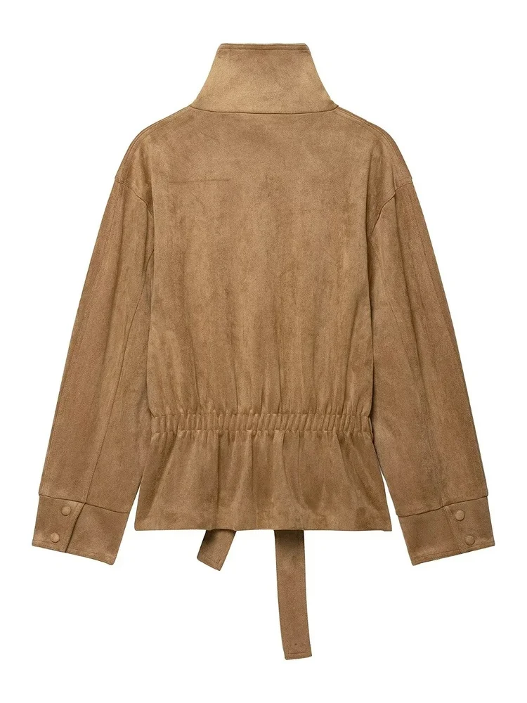 AACHOAE Women Faux Suede Jacket Belted Waist High Stand Collar Button Up Loose Short Coat Vintage Casual Outerwear