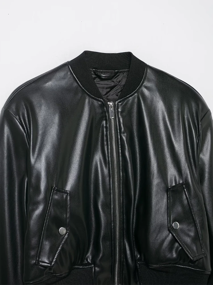 Willshela Women Fashion With Pockets PU Black Front Zipper Jackets Vintage O-Neck Long Sleeves Female Chic Lady Outfits