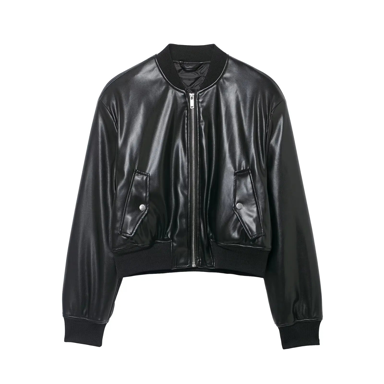 Willshela Women Fashion With Pockets PU Black Front Zipper Jackets Vintage O-Neck Long Sleeves Female Chic Lady Outfits