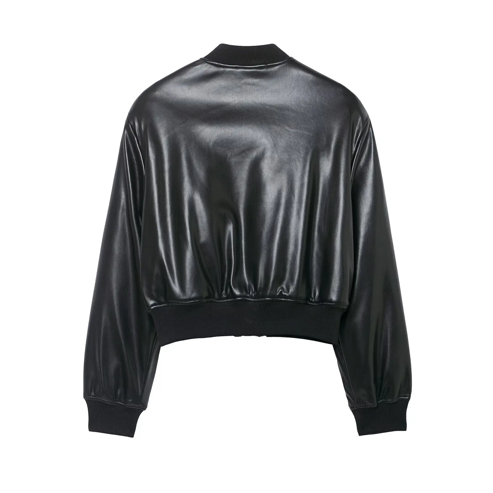 Willshela Women Fashion With Pockets PU Black Front Zipper Jackets Vintage O-Neck Long Sleeves Female Chic Lady Outfits