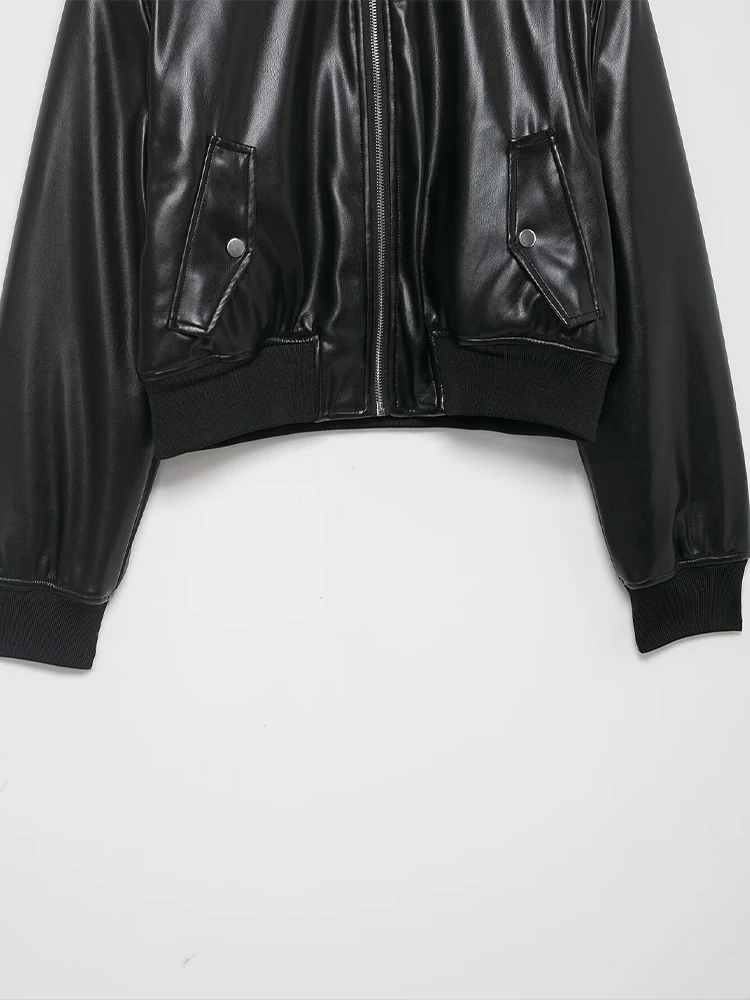 Willshela Women Fashion With Pockets PU Black Front Zipper Jackets Vintage O-Neck Long Sleeves Female Chic Lady Outfits