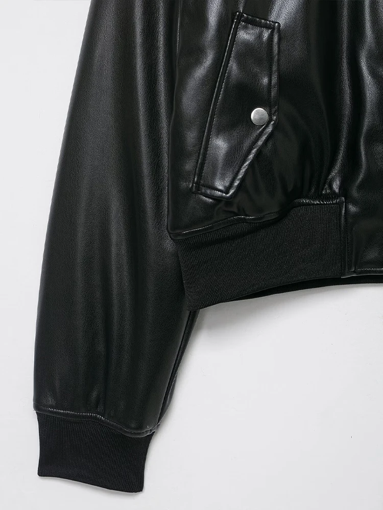 Willshela Women Fashion With Pockets PU Black Front Zipper Jackets Vintage O-Neck Long Sleeves Female Chic Lady Outfits