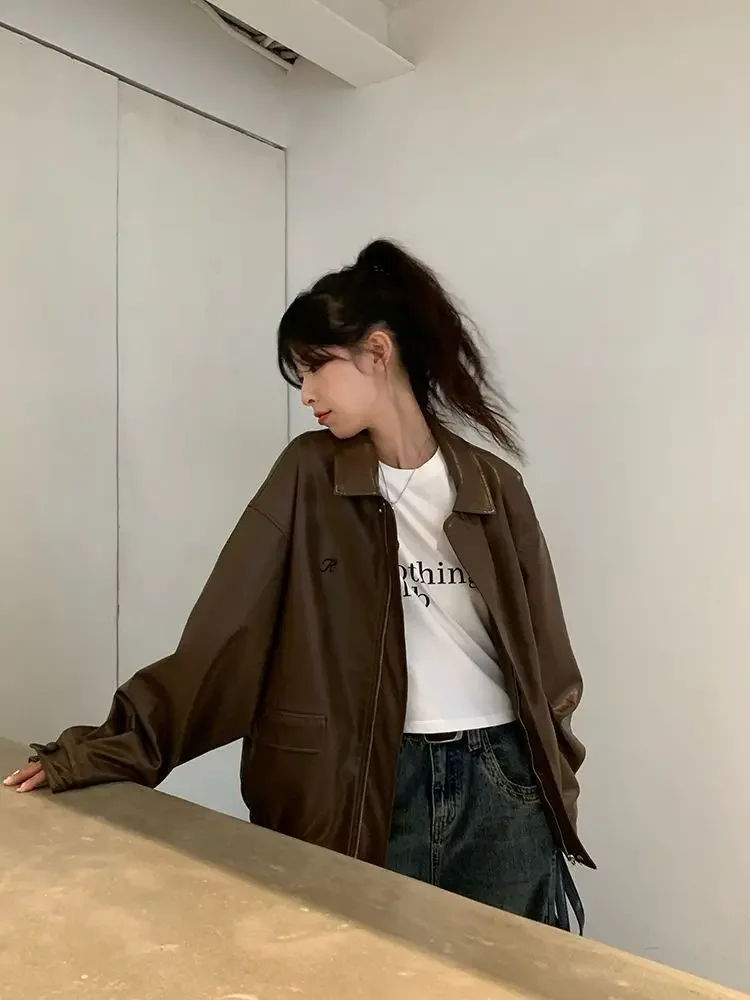 Vintage PU Leather Jacket Women High Street Techwear Oversized Moto Biker Coats BF Punk Loose Casual Cropped Outerwear