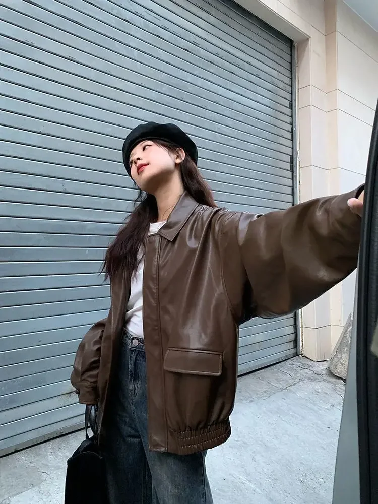 Vintage PU Leather Jacket Women High Street Techwear Oversized Moto Biker Coats BF Punk Loose Casual Cropped Outerwear