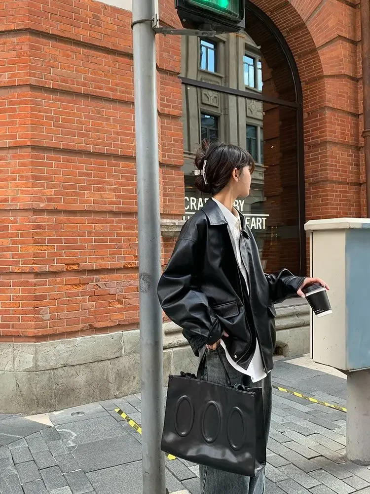 Vintage PU Leather Jacket Women High Street Techwear Oversized Moto Biker Coats BF Punk Loose Casual Cropped Outerwear