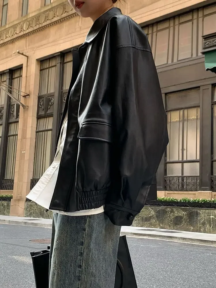 Vintage PU Leather Jacket Women High Street Techwear Oversized Moto Biker Coats BF Punk Loose Casual Cropped Outerwear