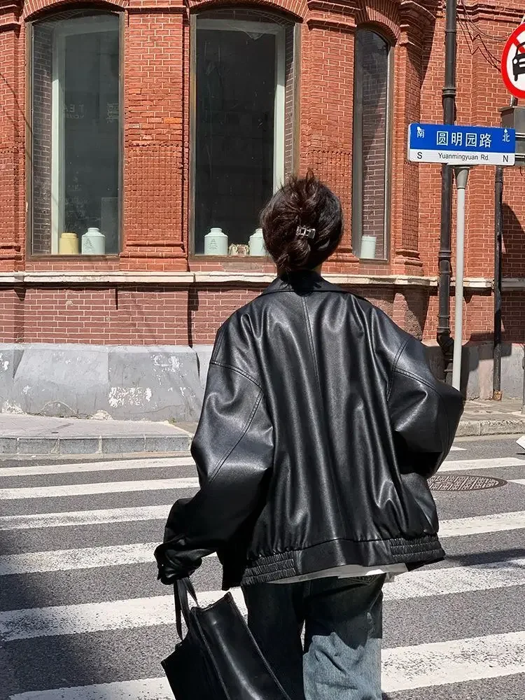 Vintage PU Leather Jacket Women High Street Techwear Oversized Moto Biker Coats BF Punk Loose Casual Cropped Outerwear