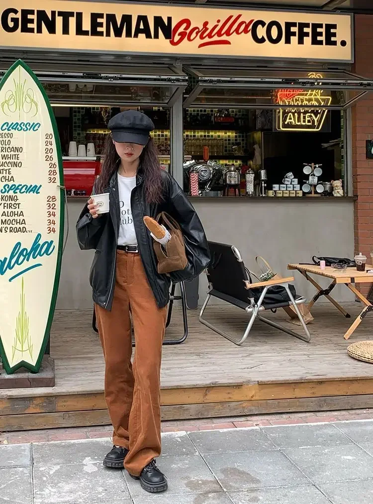 Vintage PU Leather Jacket Women High Street Techwear Oversized Moto Biker Coats BF Punk Loose Casual Cropped Outerwear