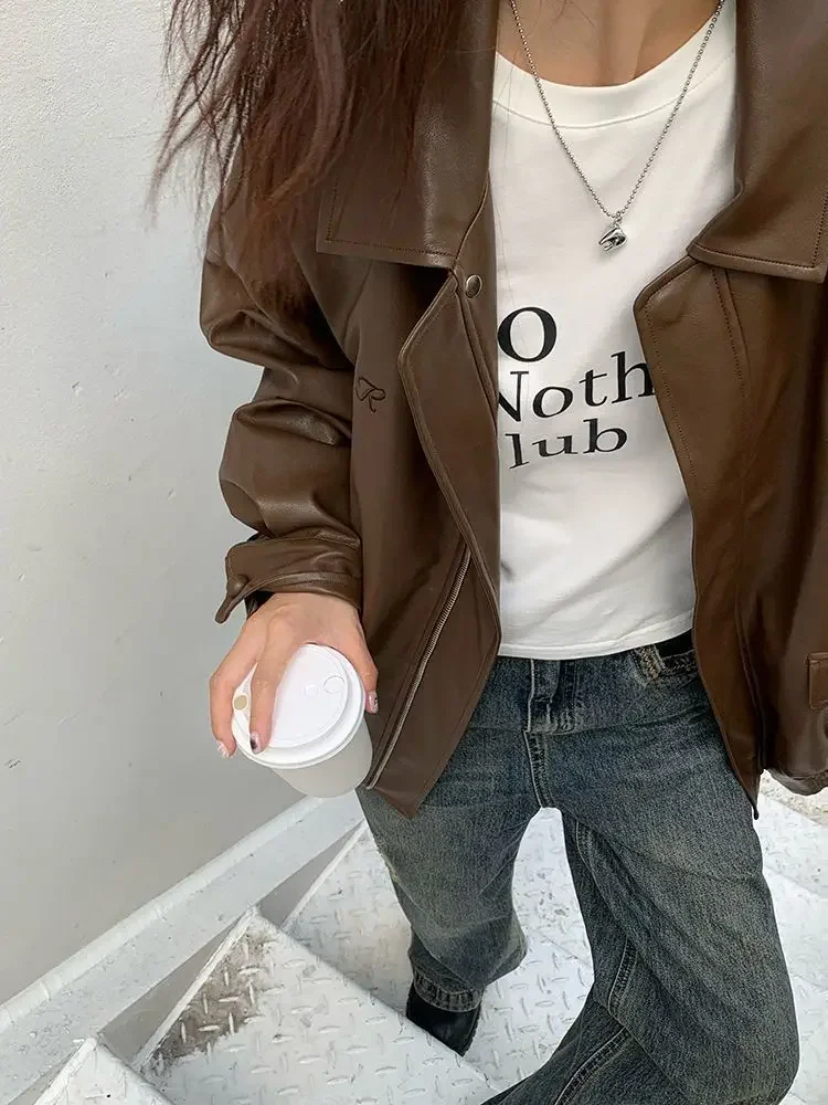 Vintage PU Leather Jacket Women High Street Techwear Oversized Moto Biker Coats BF Punk Loose Casual Cropped Outerwear