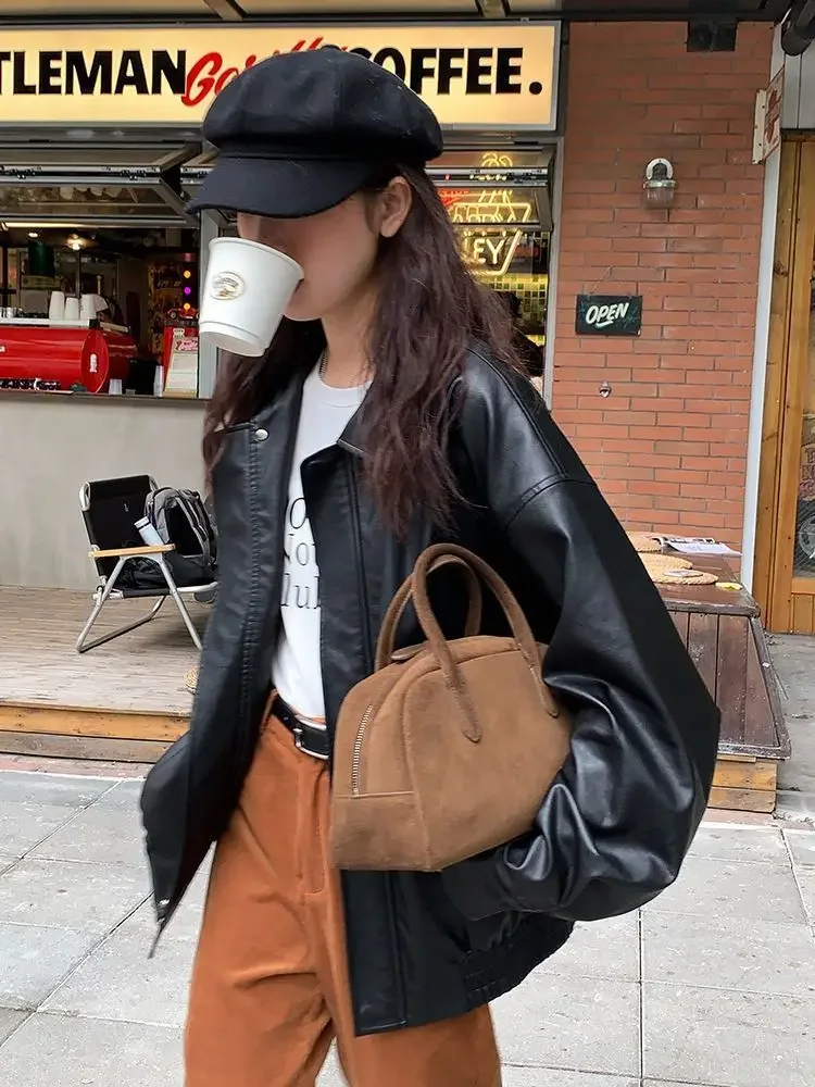 Vintage PU Leather Jacket Women High Street Techwear Oversized Moto Biker Coats BF Punk Loose Casual Cropped Outerwear