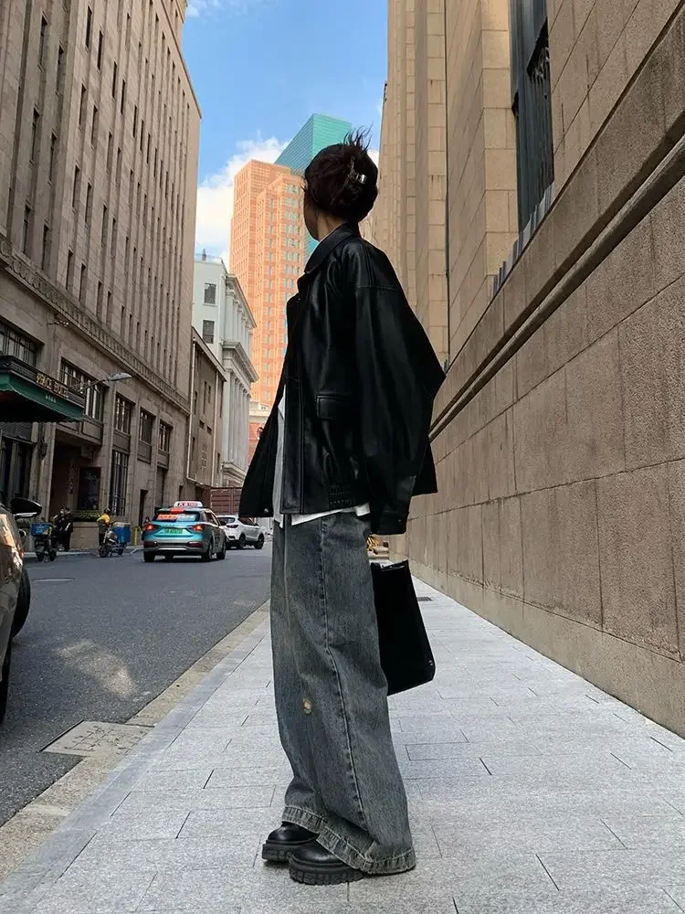 Vintage PU Leather Jacket Women High Street Techwear Oversized Moto Biker Coats BF Punk Loose Casual Cropped Outerwear