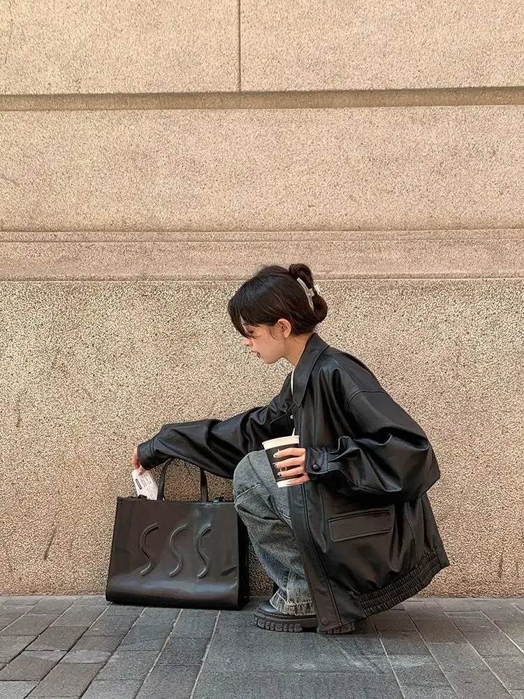 Vintage PU Leather Jacket Women High Street Techwear Oversized Moto Biker Coats BF Punk Loose Casual Cropped Outerwear