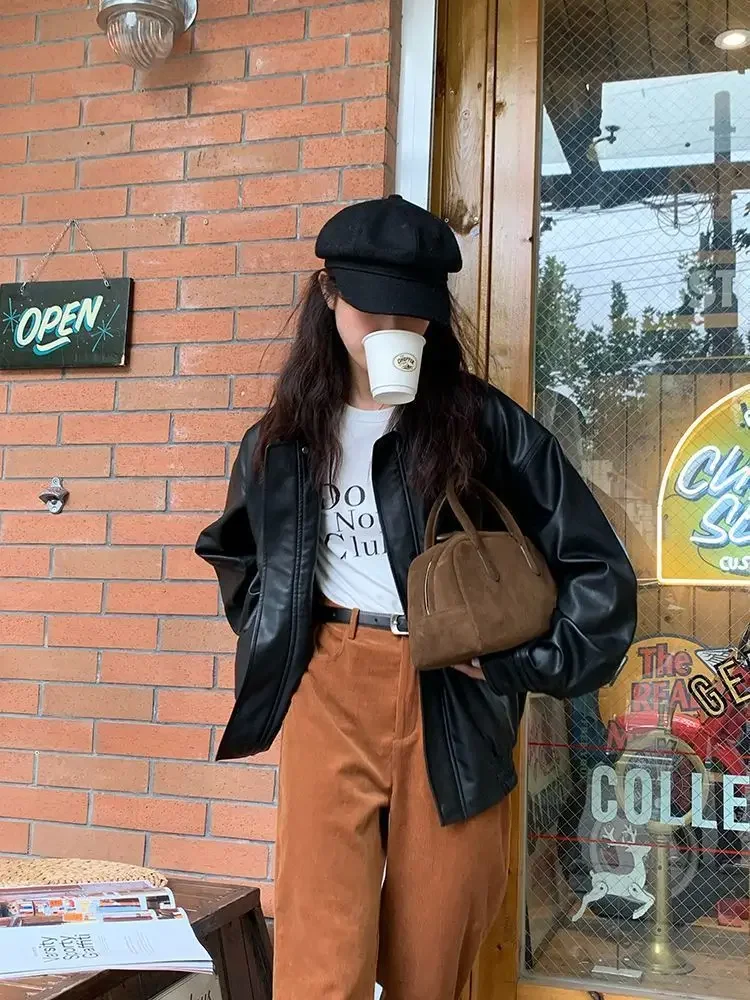 Vintage PU Leather Jacket Women High Street Techwear Oversized Moto Biker Coats BF Punk Loose Casual Cropped Outerwear