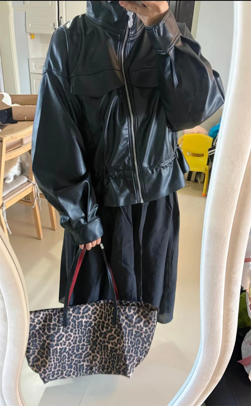 Guobioziy Women's Jacket 2026 Early Autumn New Style Fashion Long-Sleeve Stand Collar Leather-Effect Adjustable Waist Coat
