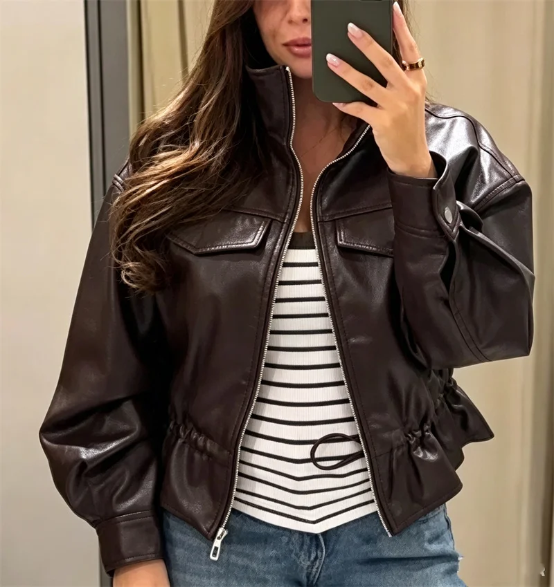 Guobioziy Women's Jacket 2026 Early Autumn New Style Fashion Long-Sleeve Stand Collar Leather-Effect Adjustable Waist Coat
