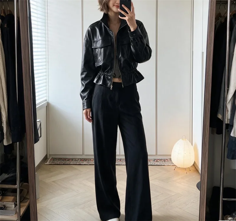 Guobioziy Women's Jacket 2026 Early Autumn New Style Fashion Long-Sleeve Stand Collar Leather-Effect Adjustable Waist Coat