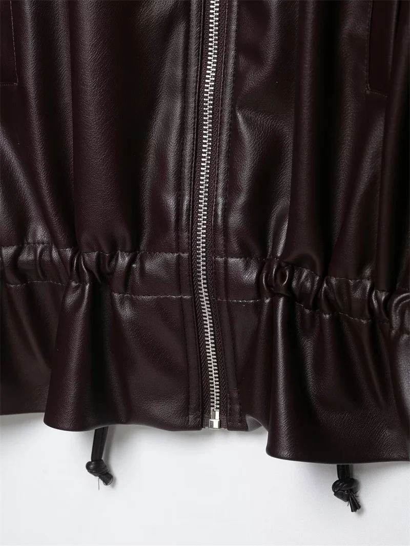 Guobioziy Women's Jacket 2026 Early Autumn New Style Fashion Long-Sleeve Stand Collar Leather-Effect Adjustable Waist Coat