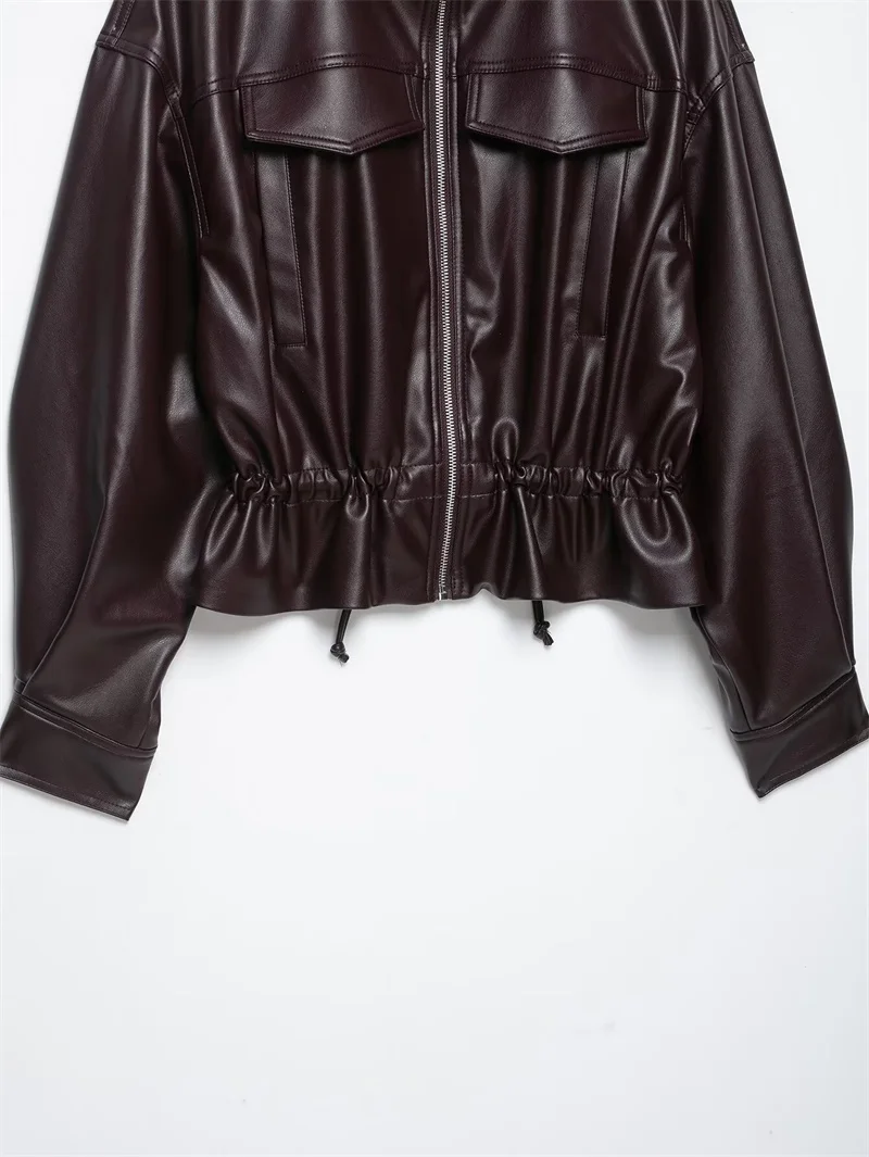 Guobioziy Women's Jacket 2026 Early Autumn New Style Fashion Long-Sleeve Stand Collar Leather-Effect Adjustable Waist Coat