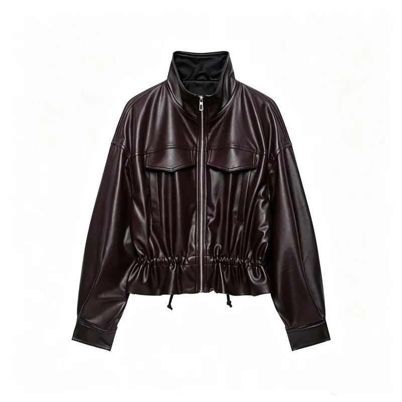 Guobioziy Women's Jacket 2026 Early Autumn New Style Fashion Long-Sleeve Stand Collar Leather-Effect Adjustable Waist Coat