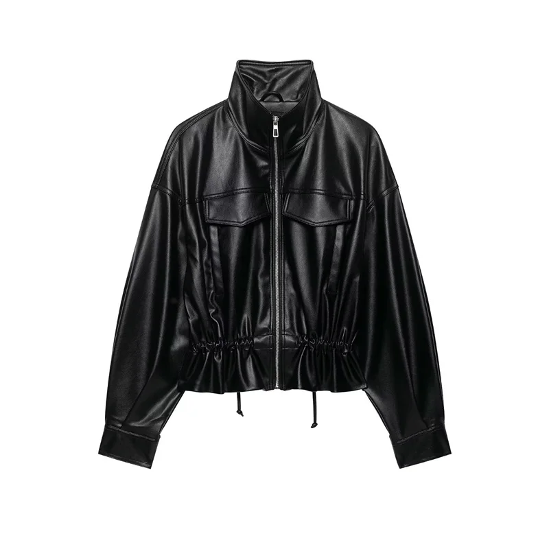 Guobioziy Women's Jacket 2026 Early Autumn New Style Fashion Long-Sleeve Stand Collar Leather-Effect Adjustable Waist Coat