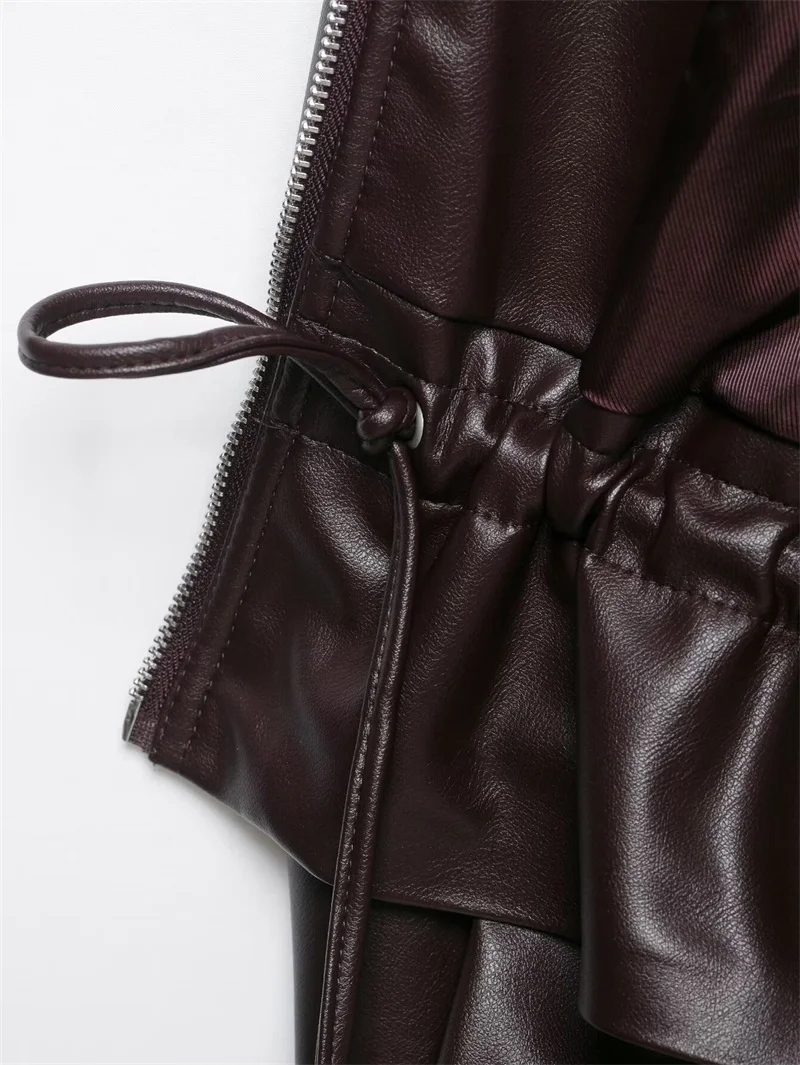 Guobioziy Women's Jacket 2026 Early Autumn New Style Fashion Long-Sleeve Stand Collar Leather-Effect Adjustable Waist Coat