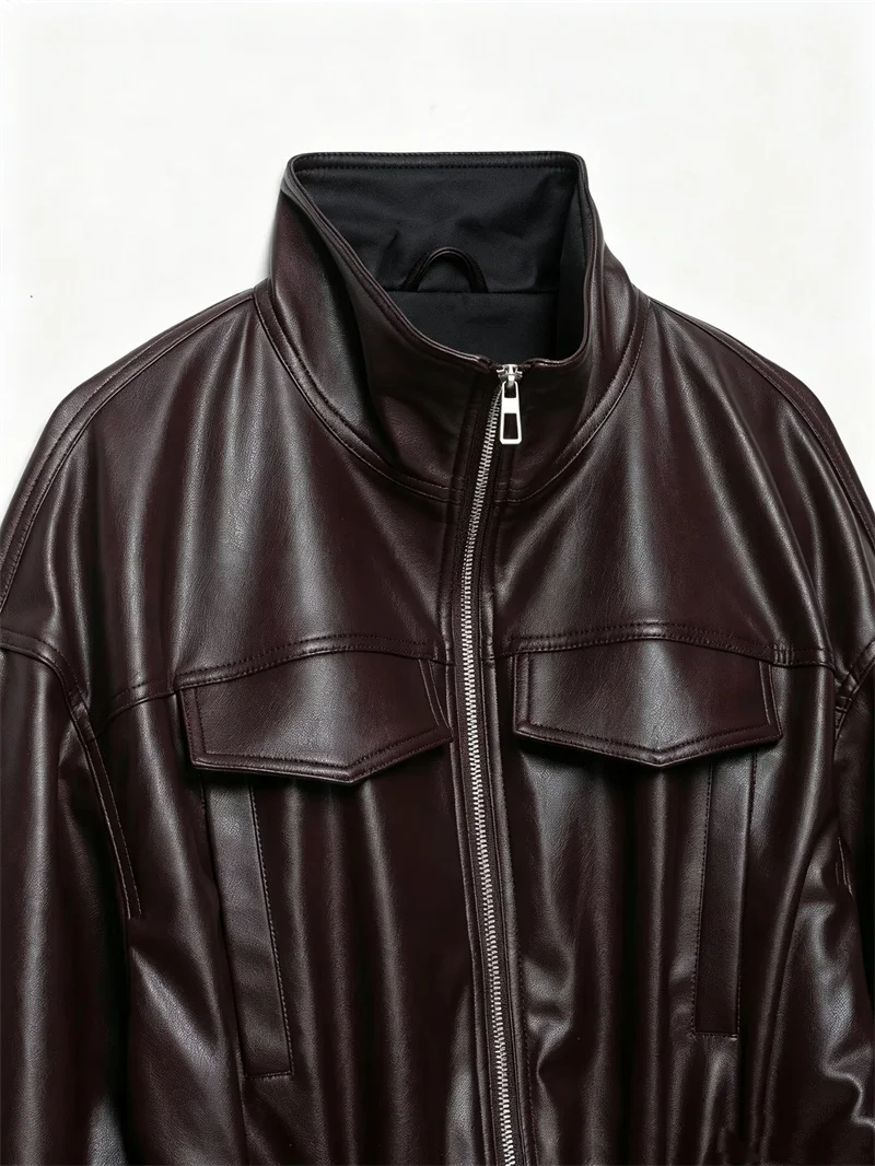 Guobioziy Women's Jacket 2026 Early Autumn New Style Fashion Long-Sleeve Stand Collar Leather-Effect Adjustable Waist Coat