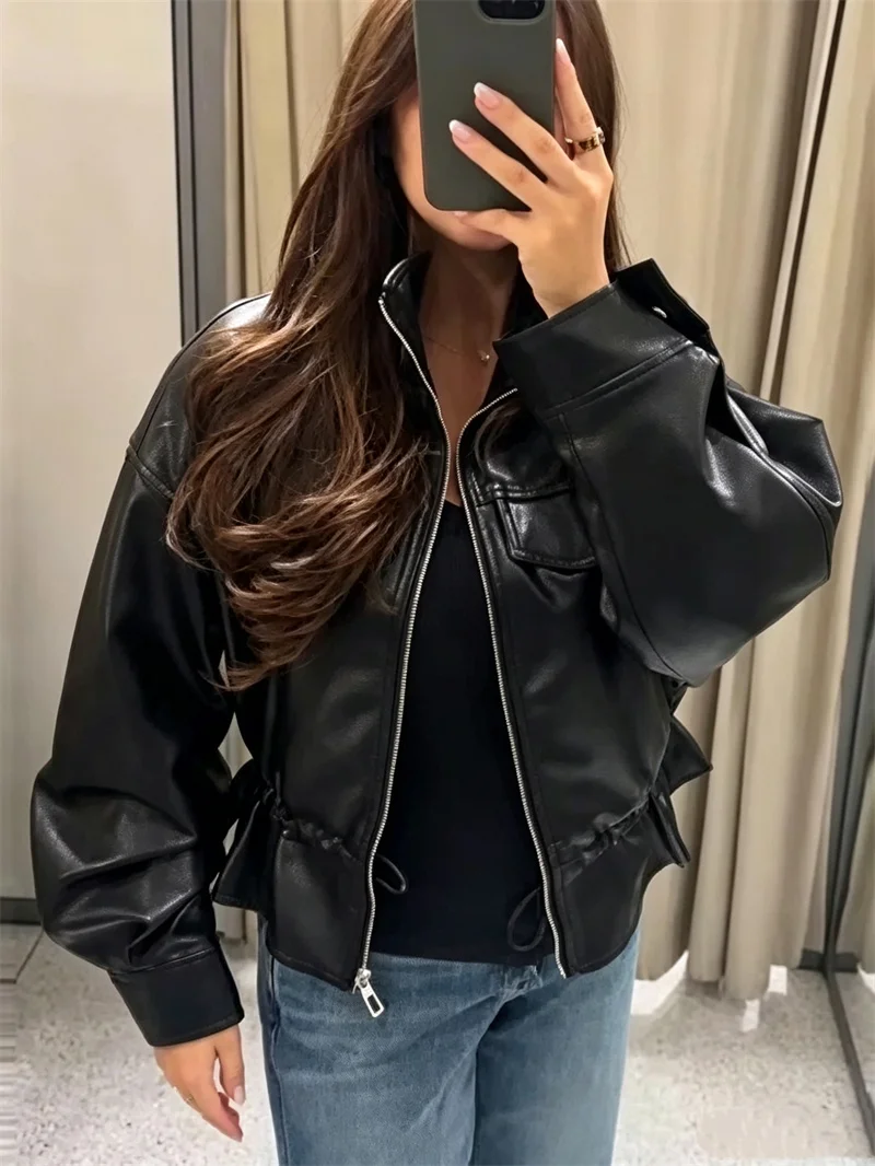 Guobioziy Women's Jacket 2026 Early Autumn New Style Fashion Long-Sleeve Stand Collar Leather-Effect Adjustable Waist Coat