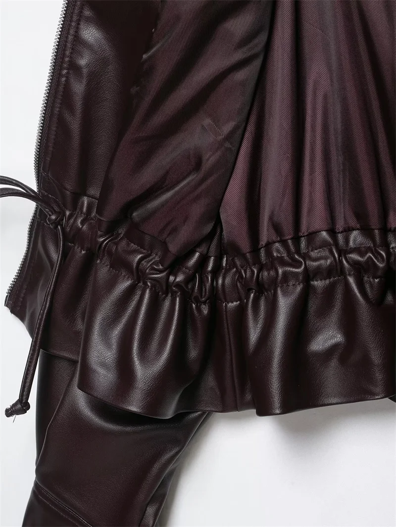 Guobioziy Women's Jacket 2026 Early Autumn New Style Fashion Long-Sleeve Stand Collar Leather-Effect Adjustable Waist Coat