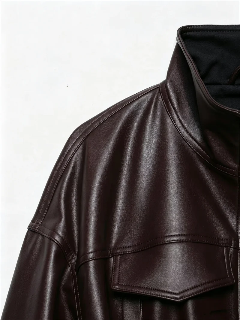 Guobioziy Women's Jacket 2026 Early Autumn New Style Fashion Long-Sleeve Stand Collar Leather-Effect Adjustable Waist Coat