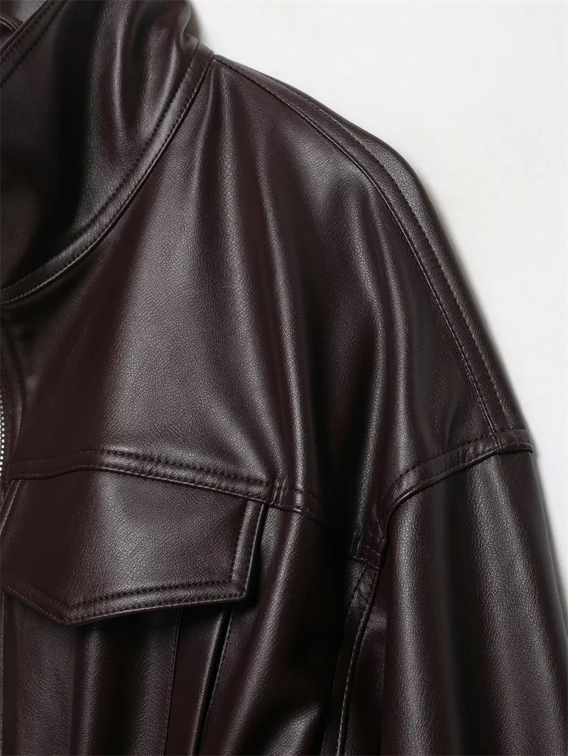 Guobioziy Women's Jacket 2026 Early Autumn New Style Fashion Long-Sleeve Stand Collar Leather-Effect Adjustable Waist Coat