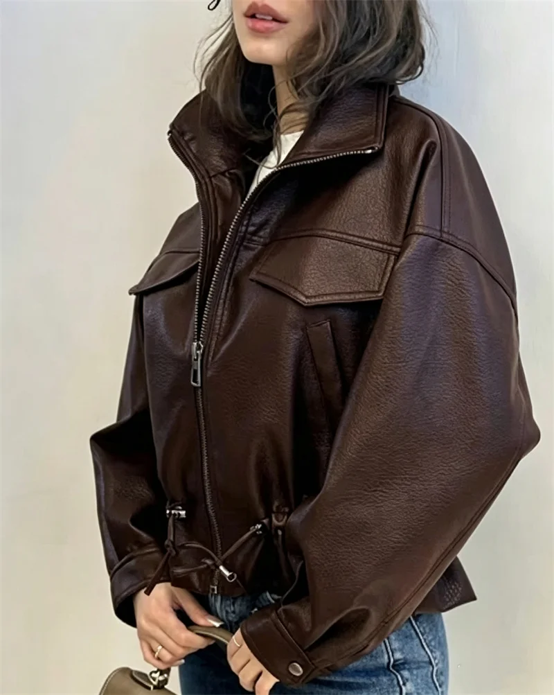 Guobioziy Women's Jacket 2026 Early Autumn New Style Fashion Long-Sleeve Stand Collar Leather-Effect Adjustable Waist Coat