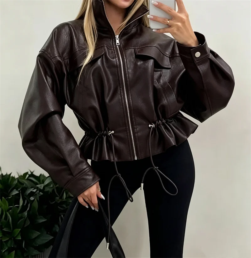 Guobioziy Women's Jacket 2026 Early Autumn New Style Fashion Long-Sleeve Stand Collar Leather-Effect Adjustable Waist Coat