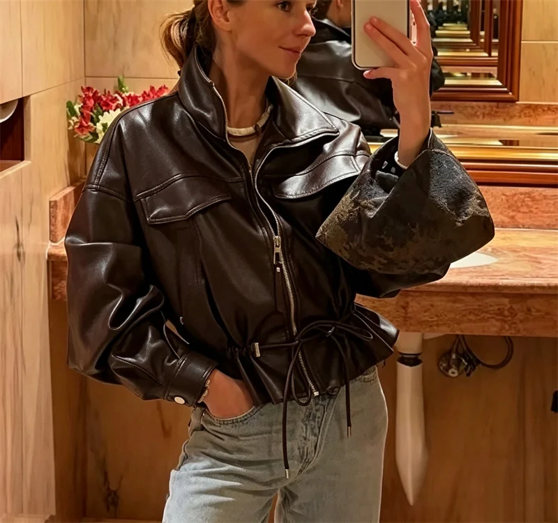 Guobioziy Women's Jacket 2026 Early Autumn New Style Fashion Long-Sleeve Stand Collar Leather-Effect Adjustable Waist Coat