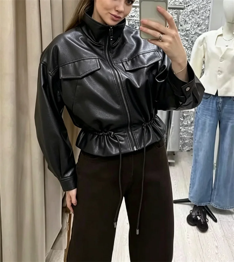 Guobioziy Women's Jacket 2026 Early Autumn New Style Fashion Long-Sleeve Stand Collar Leather-Effect Adjustable Waist Coat