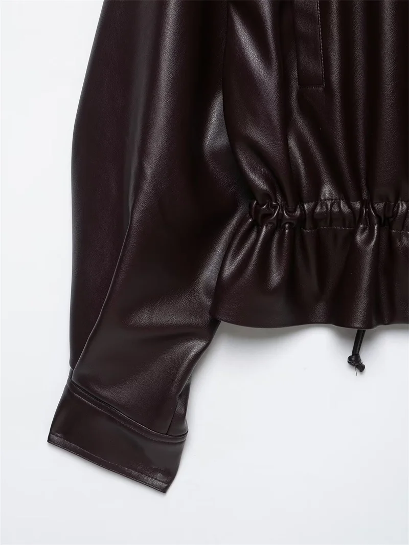 Guobioziy Women's Jacket 2026 Early Autumn New Style Fashion Long-Sleeve Stand Collar Leather-Effect Adjustable Waist Coat