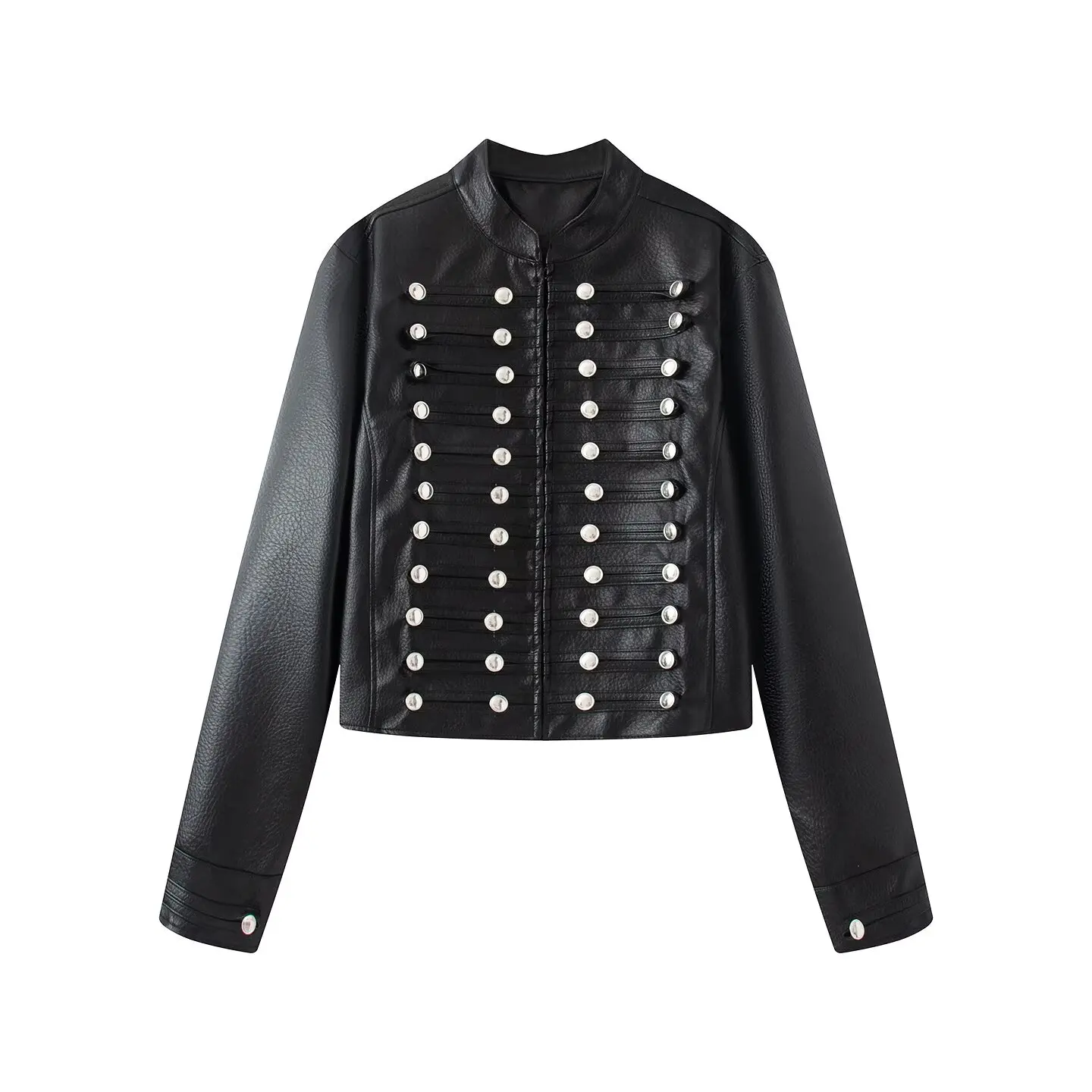 2026 Autumn Winter Women's High Street Black Faux Leather Short Jackets Lady Retro Napoleon Buttons PU Loose Fit Coats Outerwear