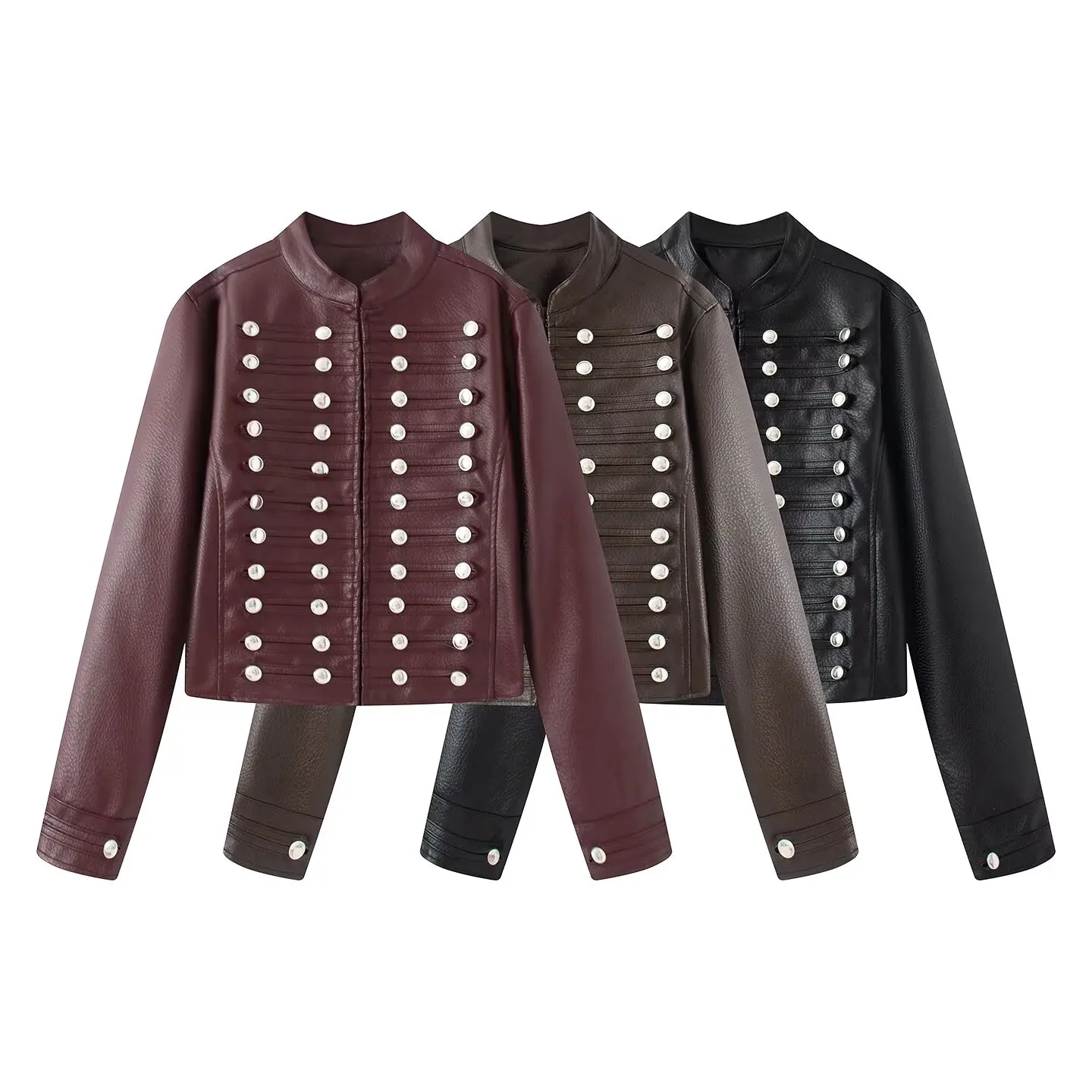 2026 Autumn Winter Women's High Street Black Faux Leather Short Jackets Lady Retro Napoleon Buttons PU Loose Fit Coats Outerwear