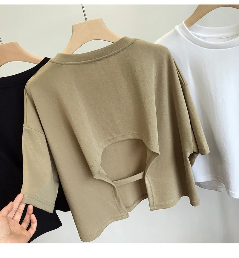 Summer New Ladies Casual Backless T-Shirt 2023 Korean Women Round Neck Loose Sweet Spicy Wind Short-Sleeved Crop Tops